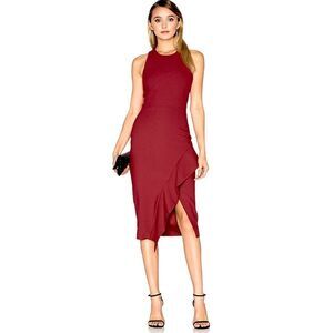 ☀️❄️cinq a sept Piper Ruffle Midi Asymmetrical Dress in Pomegranate Sz 4